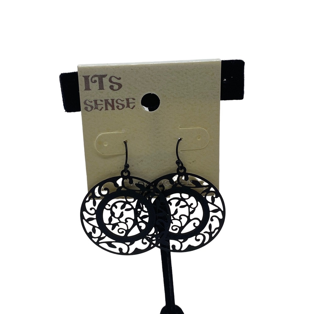 ITS SENSE Black Metal‎ Filigree Round Dangle Hook Earrings